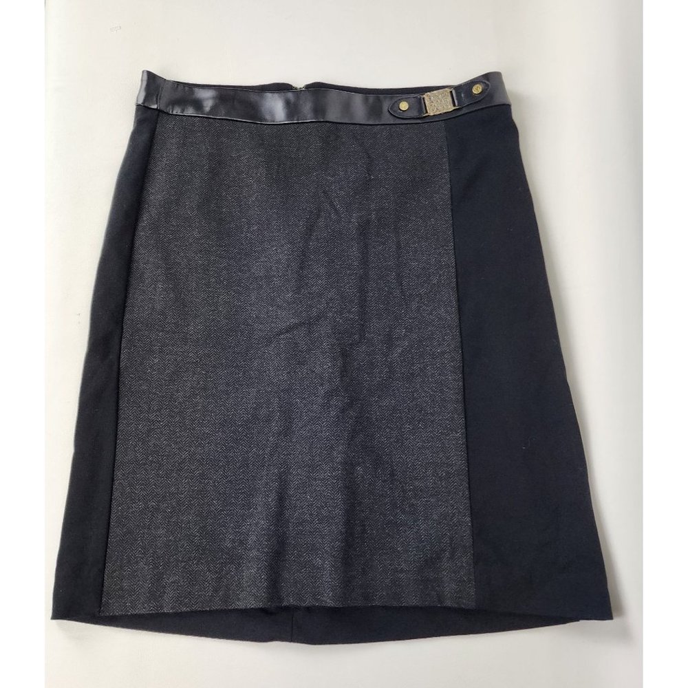 NWOT Anne Klein Black Grey Faux Leather Trim Pencil Skirt Gold Logo Size 4